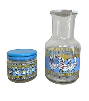 Vintage 80s Kig Indonesia Blue Country Goose Pitcher Decanter And Jar Set